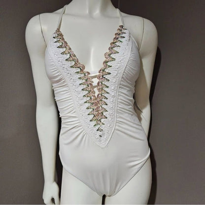 NWT SIZE L BECCA White and Green One Piece Swimsuit with Lace-Up V-Neck
