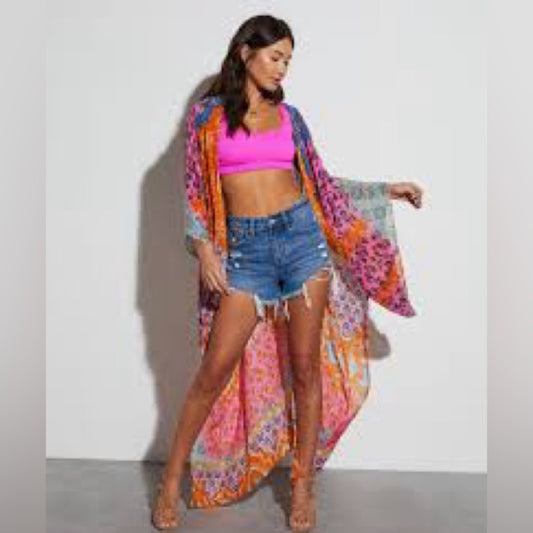 NWT SIZE OS Macchia J Pink and Orange Bohemian Swim Coverup