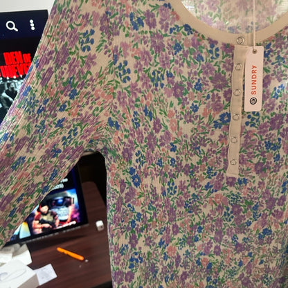 NWT SIZE XL Sundry Fitted 3/4 Sleeve Blouse in Blue and Pink