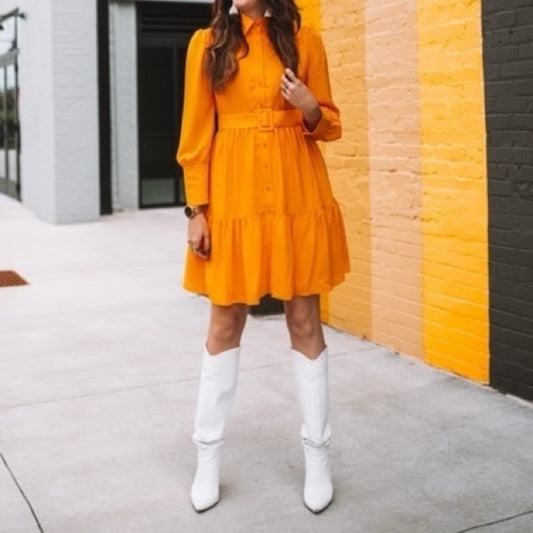 NWT SIZE 10 Halogen Yellow Tiered Ruffled Long Sleeve Dress