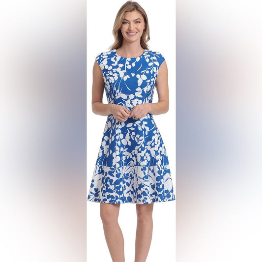 SIZE 8 London Times Blue and White A-Line Midi dress