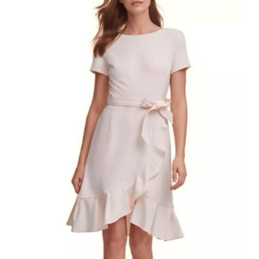 SIZE 6 Calvin Klein Pink Asymmetrical Ruffle Wrap Dress