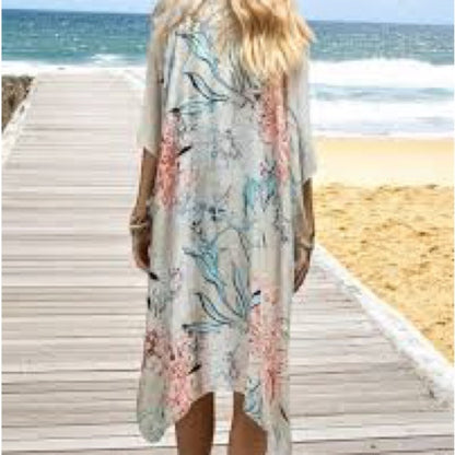 NWOT SIZE OS Breezy Cream and Blue Swim Coverup with Artistic Flair