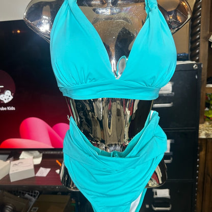 NWT SIZE XL Younique Blue Bikini with Triangle Halter and Ruched Sides