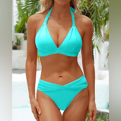 NWT SIZE XL Younique Blue Bikini with Triangle Halter and Ruched Sides