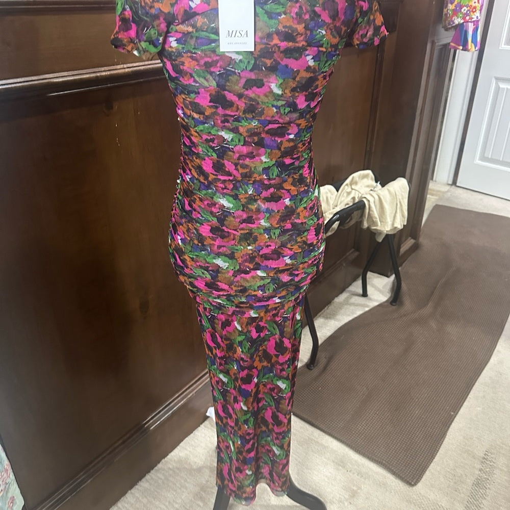 NWT SIZE XS Misa Los Angeles Red Black Square Neck Bodycon Maxi