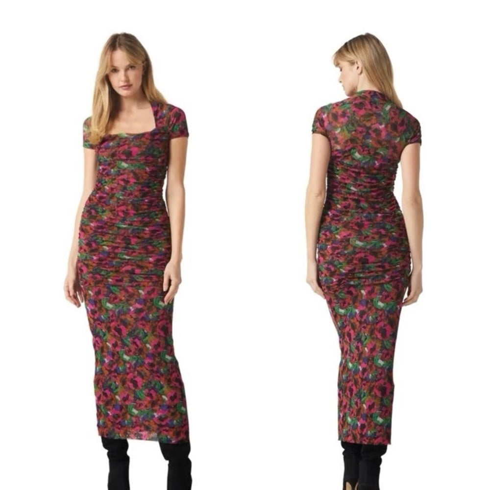 NWT SIZE XS Misa Los Angeles Red Black Square Neck Bodycon Maxi