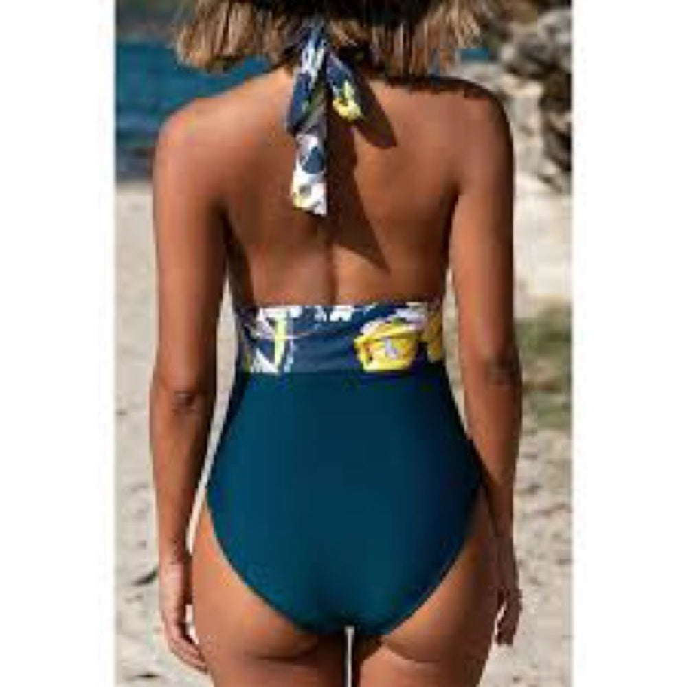 NWT SIZE L Cupshe Blue and Yellow One Piece Swimwear with Tropical Flair