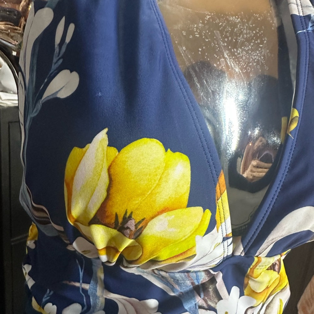 NWT SIZE L Cupshe Blue and Yellow One Piece Swimwear with Tropical Flair