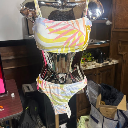 NWT SIZE M Billabong Pink and Yellow Fitted Crop Bikini