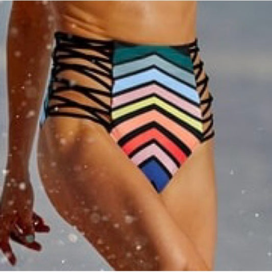 NWOT SIZE S Black Strappy High-Waisted Bikini with Chevron Pattern