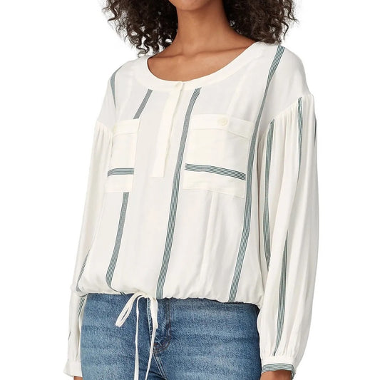 SIZE S Green and White Long Sleeve Crop Blouse with Tie Front