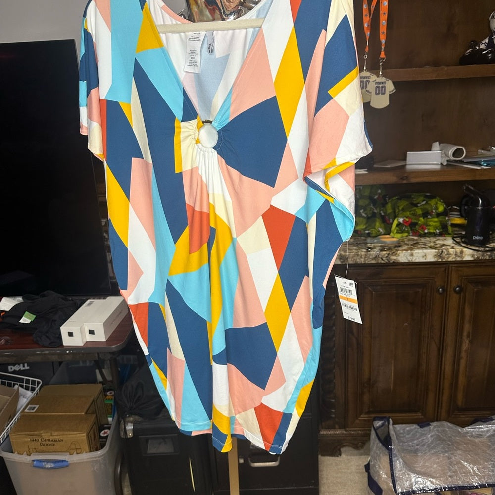 NWT SIZE L Bar III Blue and Pink Swim Coverup with V-Neck Tunic