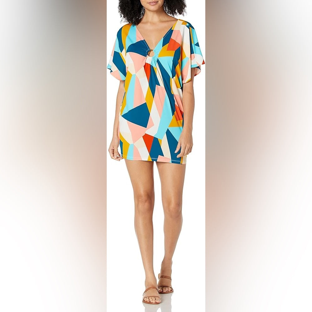 NWT SIZE L Bar III Blue and Pink Swim Coverup with V-Neck Tunic