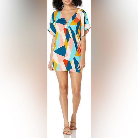 NWT SIZE L Bar III Blue and Pink Swim Coverup with V-Neck Tunic