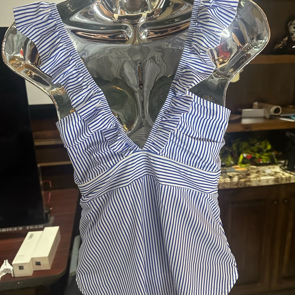 NWT SIZE M Hayden Blue and White Ruffled Asymmetrical Swim Bodysuit