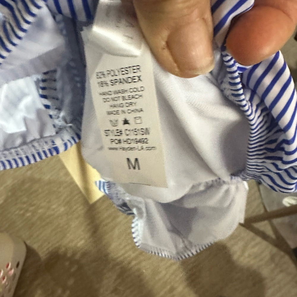 NWT SIZE M Hayden Blue and White Ruffled Asymmetrical Swim Bodysuit