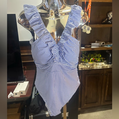 NWT SIZE M Hayden Blue and White Ruffled Asymmetrical Swim Bodysuit