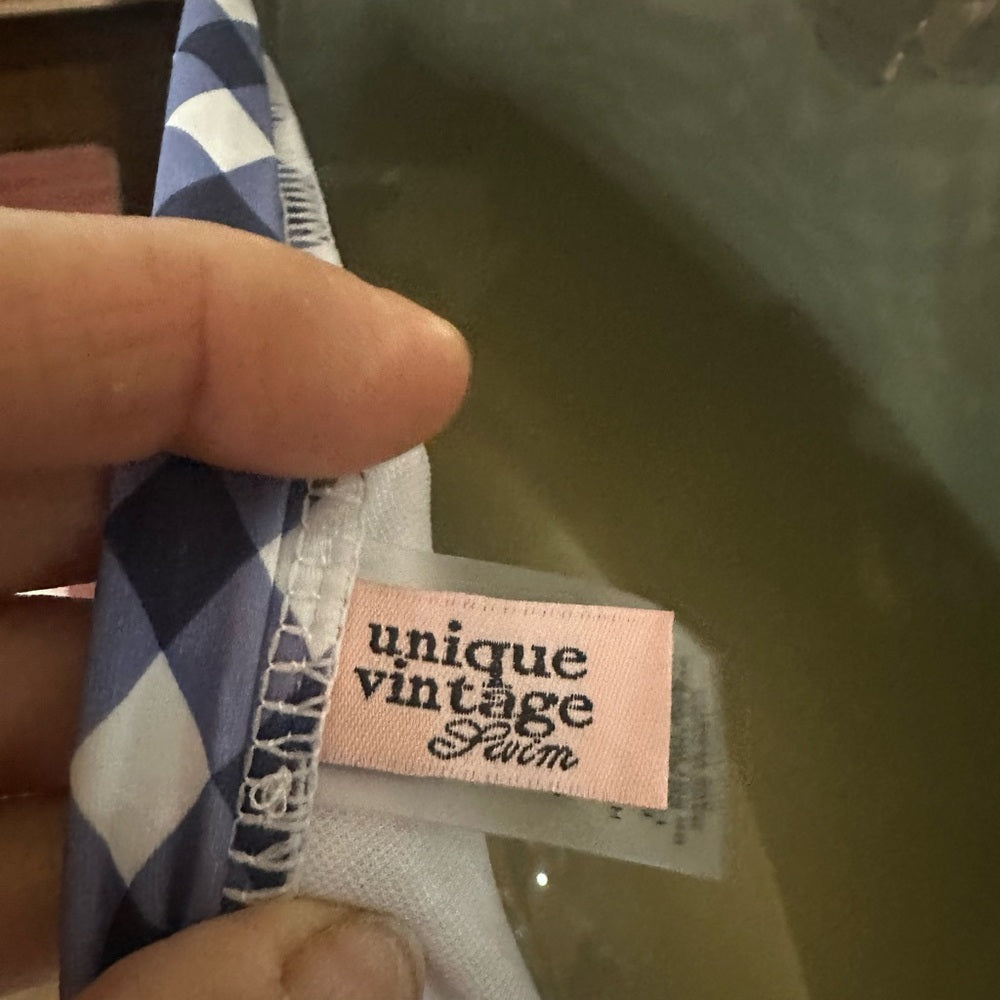 SIZE XS Unique Vintage Blue and White Checkered Bikini Bottom