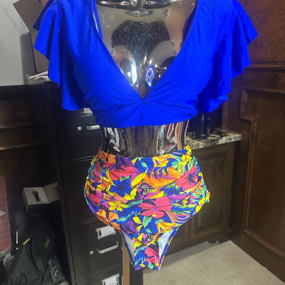 NWT SIZE L Sparkle & Fade Blue Bikini with Ruffled Top and Retro Bottoms