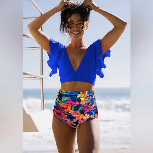 NWT SIZE L Sparkle & Fade Blue Bikini with Ruffled Top and Retro Bottoms