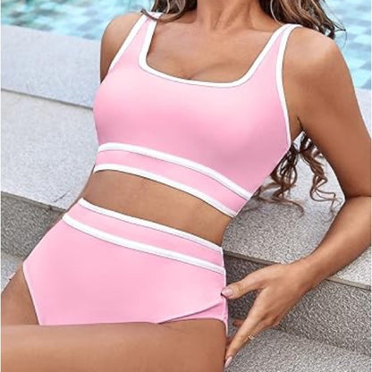 NWT SIZE L Sporty Pink and White Bikini with High-Waisted Design
