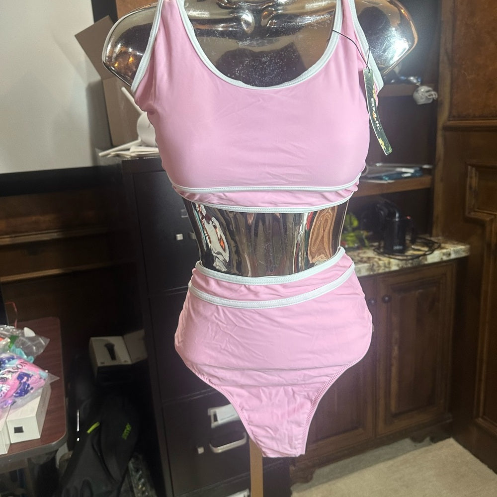 NWT SIZE L Sporty Pink and White Bikini with High-Waisted Design