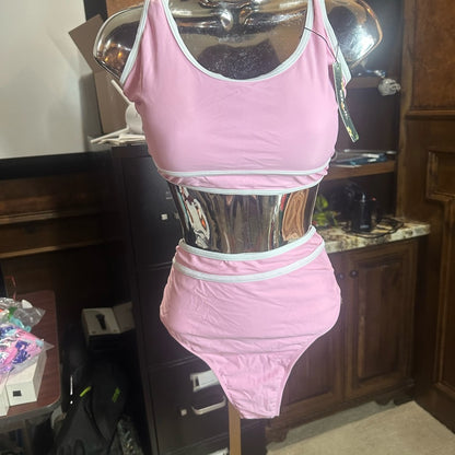 NWT SIZE L Sporty Pink and White Bikini with High-Waisted Design