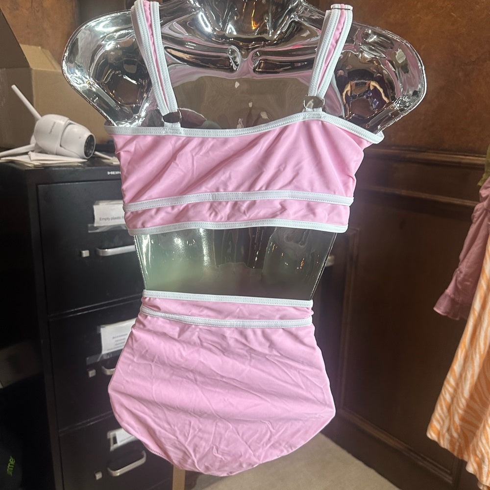 NWT SIZE L Sporty Pink and White Bikini with High-Waisted Design