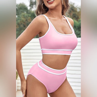 NWT SIZE L Sporty Pink and White Bikini with High-Waisted Design