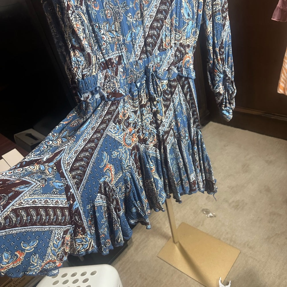 SIZE L Blue and Silver Resort Wear Jumpsuit with Bishop Sleeves