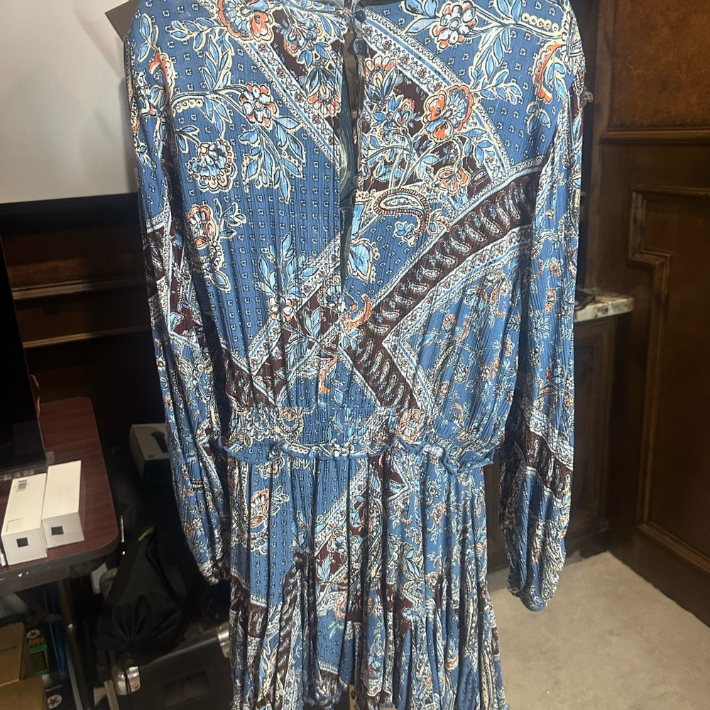 SIZE L Blue and Silver Resort Wear Jumpsuit with Bishop Sleeves