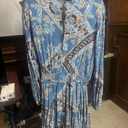 SIZE L Blue and Silver Resort Wear Jumpsuit with Bishop Sleeves