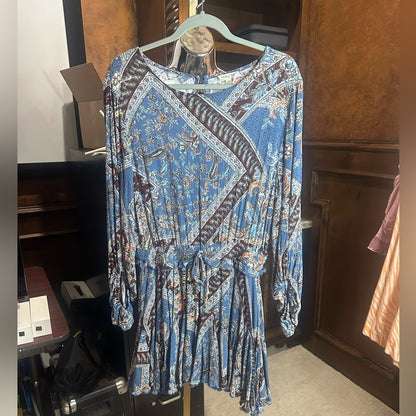 SIZE L Blue and Silver Resort Wear Jumpsuit with Bishop Sleeves