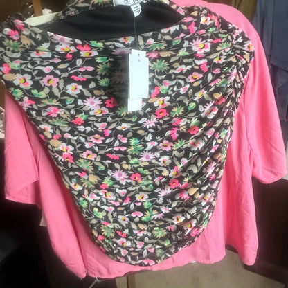 NWT SIZE M AFRM Black and Pink Ruched Midi Pencil Skirt