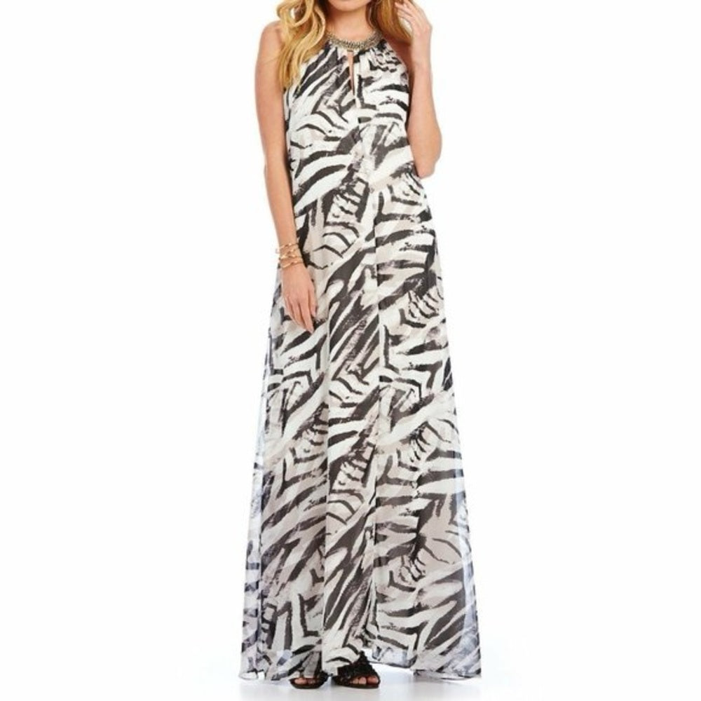 Vince Camuto Black and White Sleeveless Halter Maxi Dress