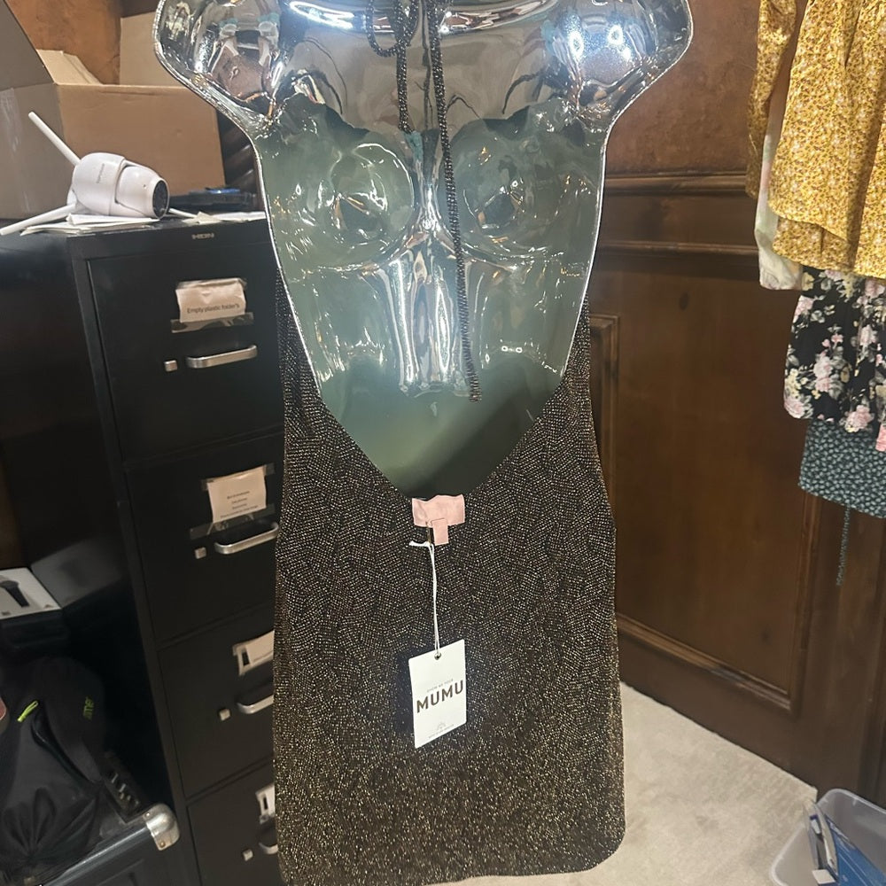 NWT SIZE L Show Me Your MuMu Silver Sleeveless Halter Mini Dress