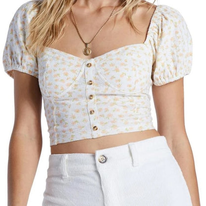 NWOT SIZE M Billabong Puff Sleeve Crop Blouse in White and Pink