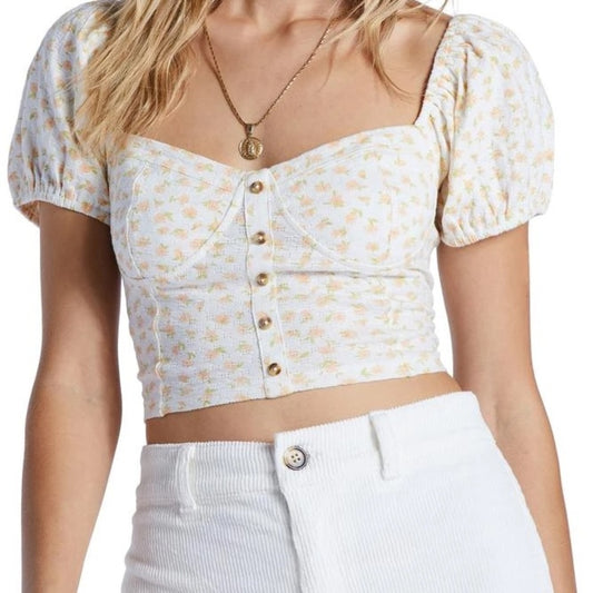 NWOT SIZE M Billabong Puff Sleeve Crop Blouse in White and Pink