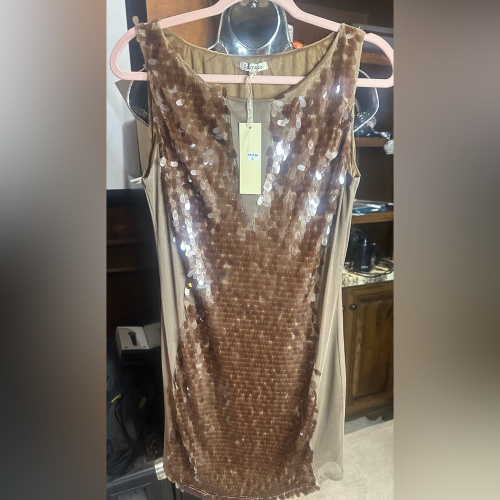 Gold Tan Sequin Sheath Mini Dress Plunge Neckline