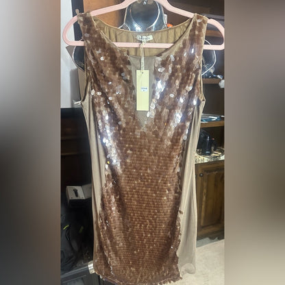Gold Tan Sequin Sheath Mini Dress Plunge Neckline