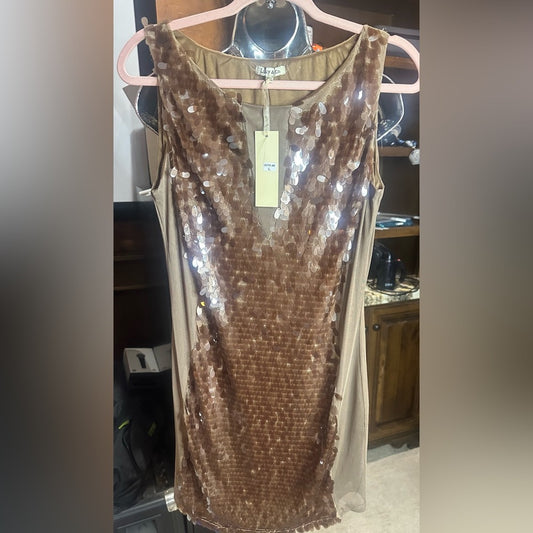 Gold Tan Sequin Sheath Mini Dress Plunge Neckline
