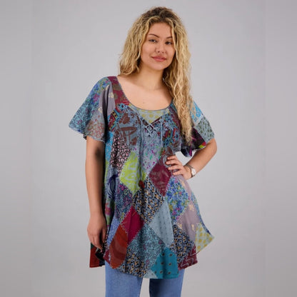 NWT SIZE S/M Advance Apparels Asymmetrical Flutter Sleeve Tunic Blue and Red