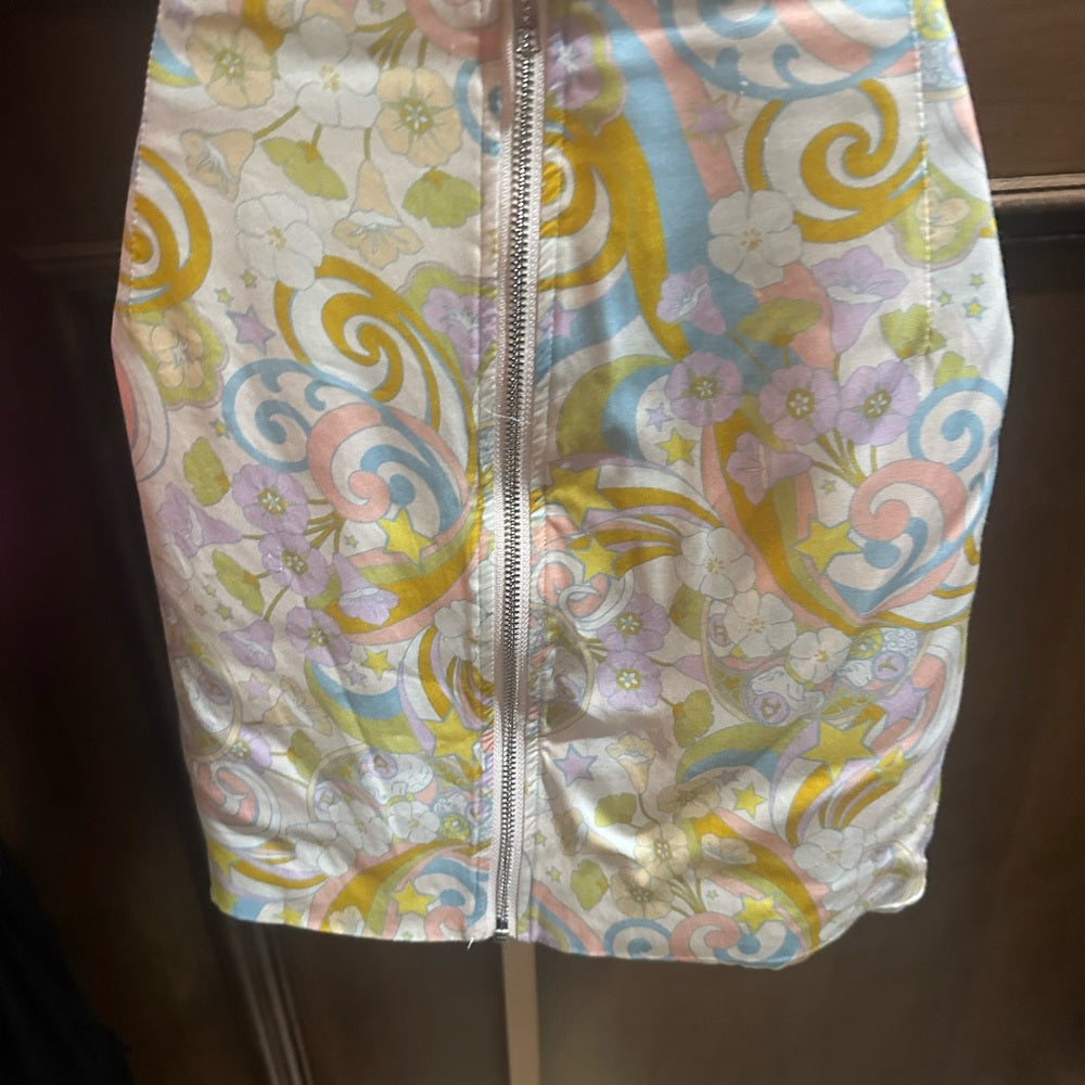 NWOT SIZE L For Love And Lemons Blue and Yellow Mini Pencil Skirt