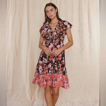 NWT SIZE S RAGA Pink and Red Ruffled Wrap Midi Dress