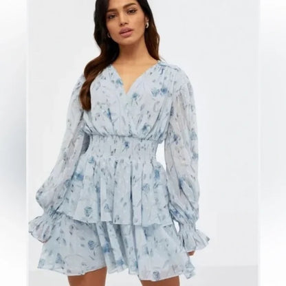 SIZE S Bardot Blue Tiered Ruffled V-Neck Sundress