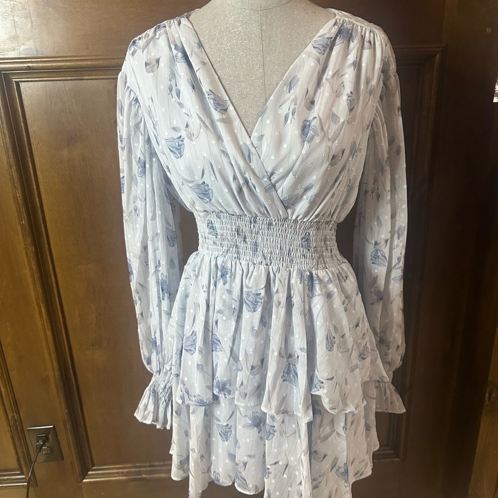 SIZE S Bardot Blue Tiered Ruffled V-Neck Sundress