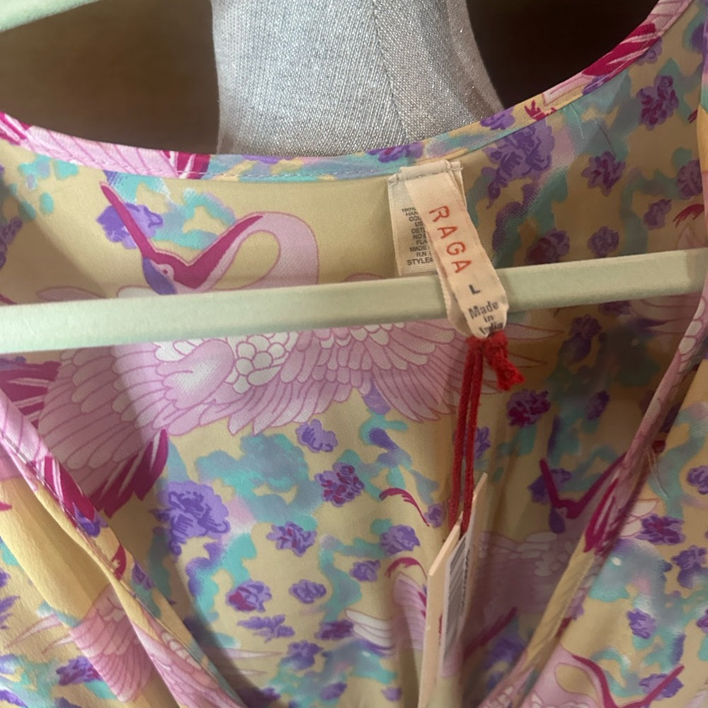 NWT SIZE S/L RAGA Pink and Blue V-Neck Bishop Sleeve Sundress