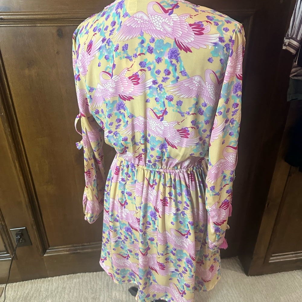 NWT SIZE S/L RAGA Pink and Blue V-Neck Bishop Sleeve Sundress