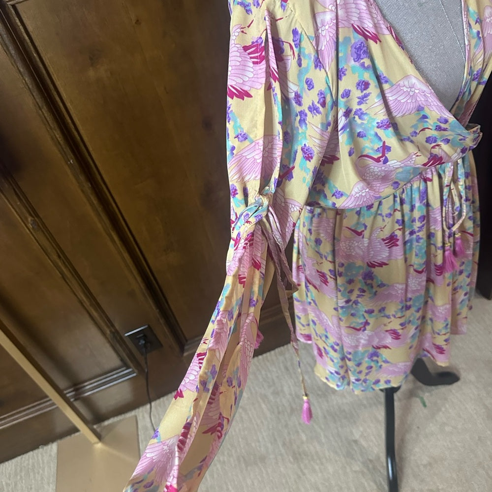 NWT SIZE S/L RAGA Pink and Blue V-Neck Bishop Sleeve Sundress